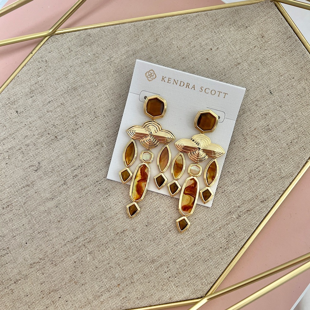 NWT Kendra Scott Monica Gold Statement Earrings in Brown Mix